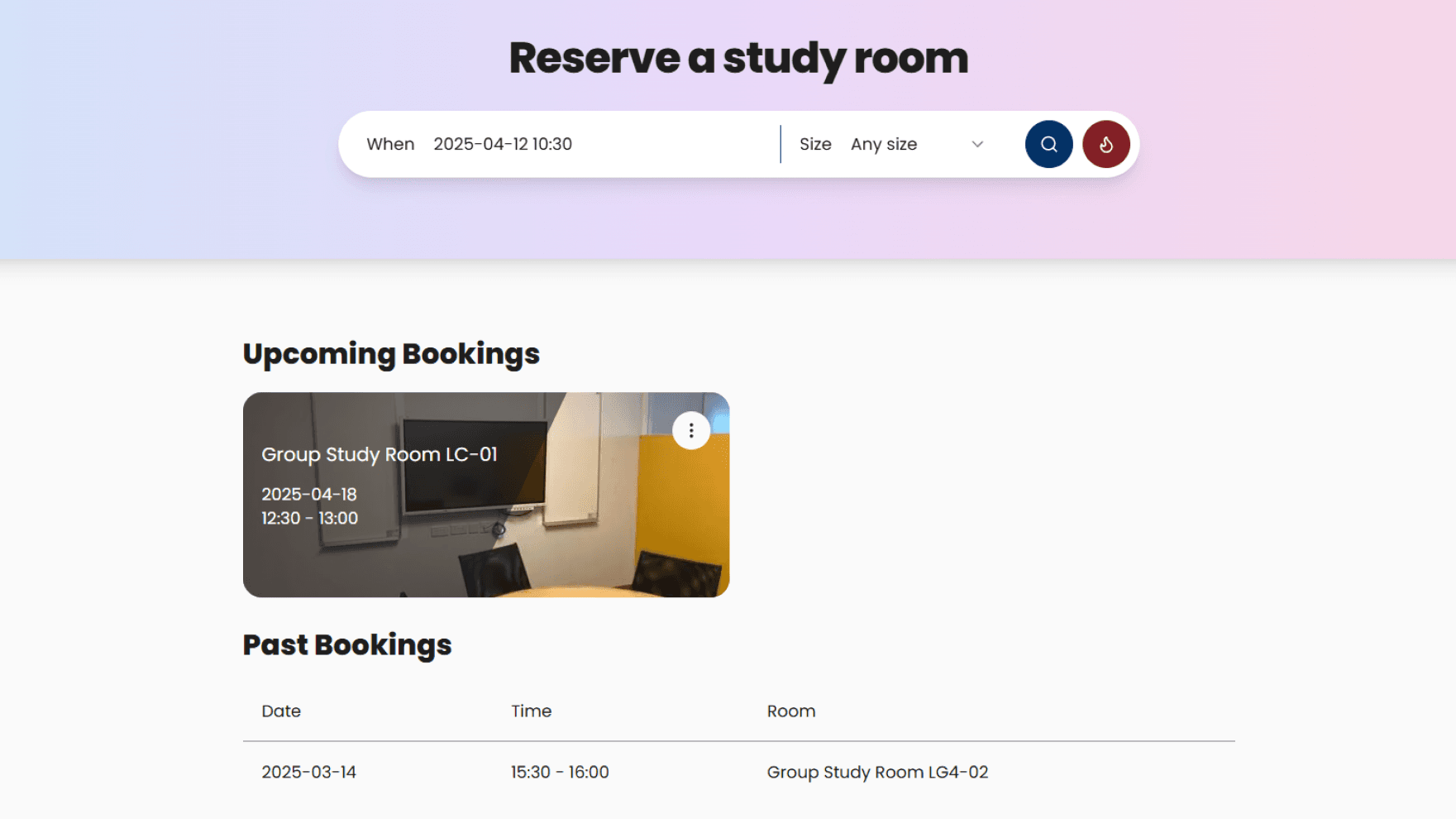 USThing dashboard room booking screen